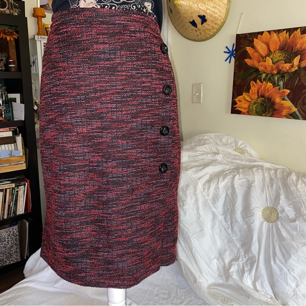 Academia Tweed Black Red Side Button Skirt Size L